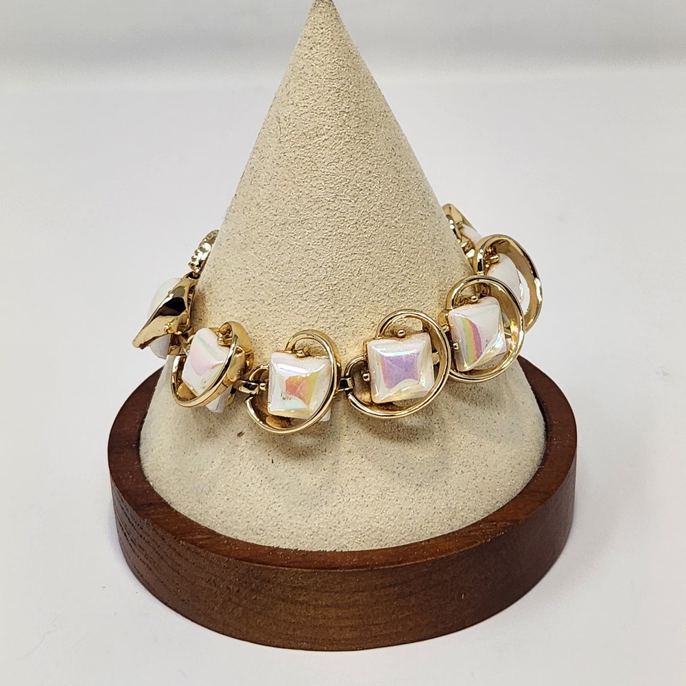 Iridescent Square Glass Bead Gold Tone Swirl Link Bracelet Costume Jewelry